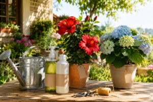 Tavolo da giardino con concime liquido, ibisco in fiore e ortensia in vaso