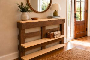 Consolle da ingresso fai da te realizzata con pallet, ripiani in legno chiaro e decorazioni naturali