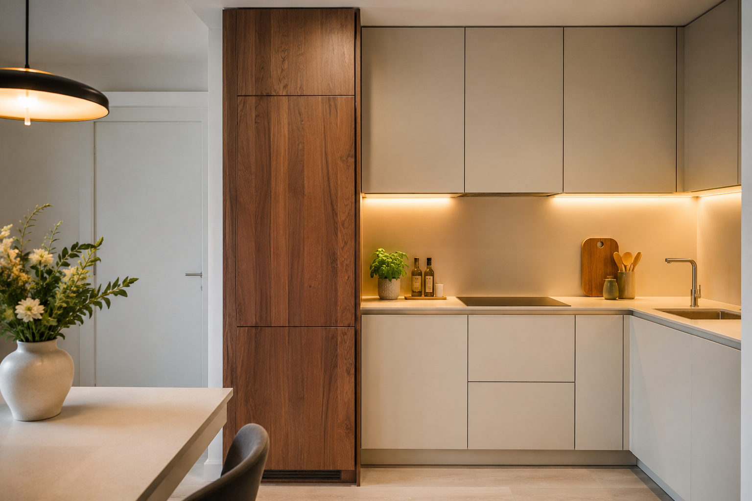 cucina con colonna dispensa con venature decorative