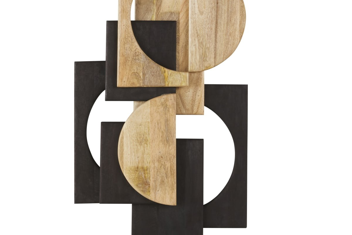 Vista frontale della decorazione murale SAKINA in legno chiaro e nero