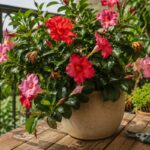 Dipladenia in vaso su balcone con fiori rosa e forbici da potatura