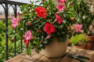 Dipladenia in vaso su balcone con fiori rosa e forbici da potatura