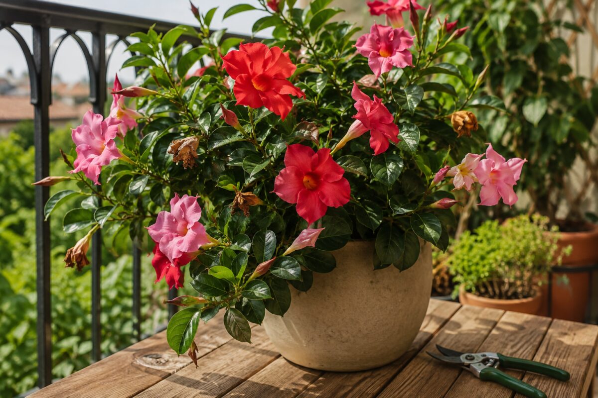 Dipladenia in vaso su balcone con fiori rosa e forbici da potatura