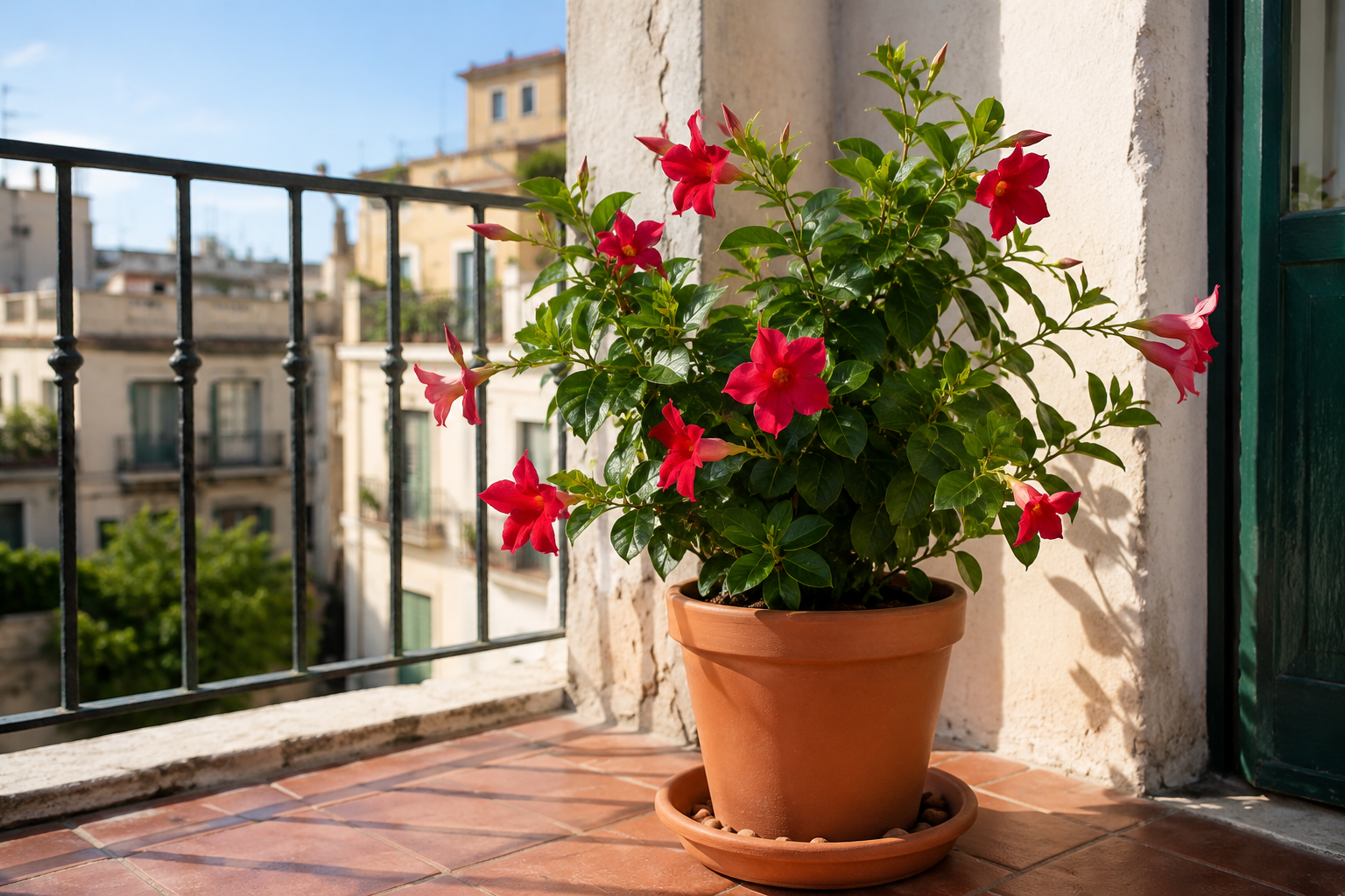 Dipladenia in vaso a luglio: il controllo che evita fiori mosci e foglie gialle sul balcone