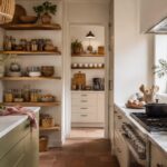 Cucina luminosa con dispensa a vista ordinata, ripiani in legno e barattoli in vetro