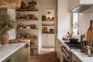 Cucina luminosa con dispensa a vista ordinata, ripiani in legno e barattoli in vetro