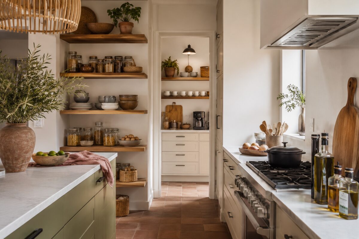 Cucina luminosa con dispensa a vista ordinata, ripiani in legno e barattoli in vetro