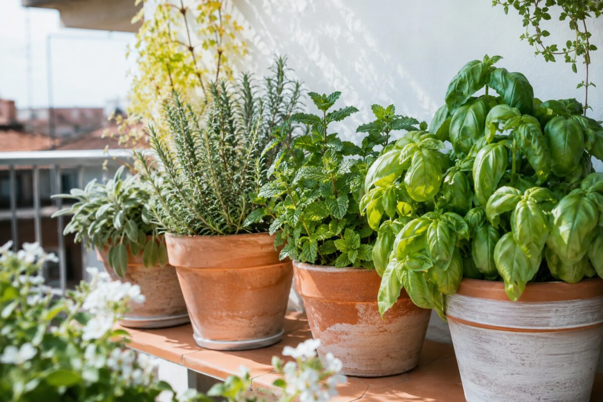 Vasi di erbe aromatiche su balcone estivo con basilico, menta, rosmarino e salvia