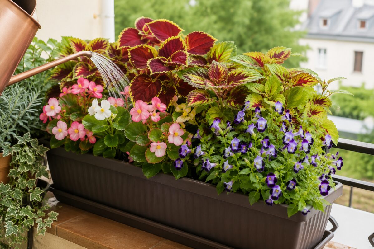 Composizione estiva con coleus, begonie e torenia in balcone ombreggiato