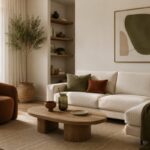Soggiorno contemporaneo con tavolino ovale, poltrona curva e materiali caldi
