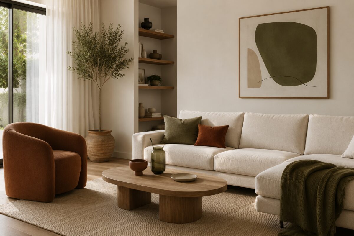 Soggiorno contemporaneo con tavolino ovale, poltrona curva e materiali caldi
