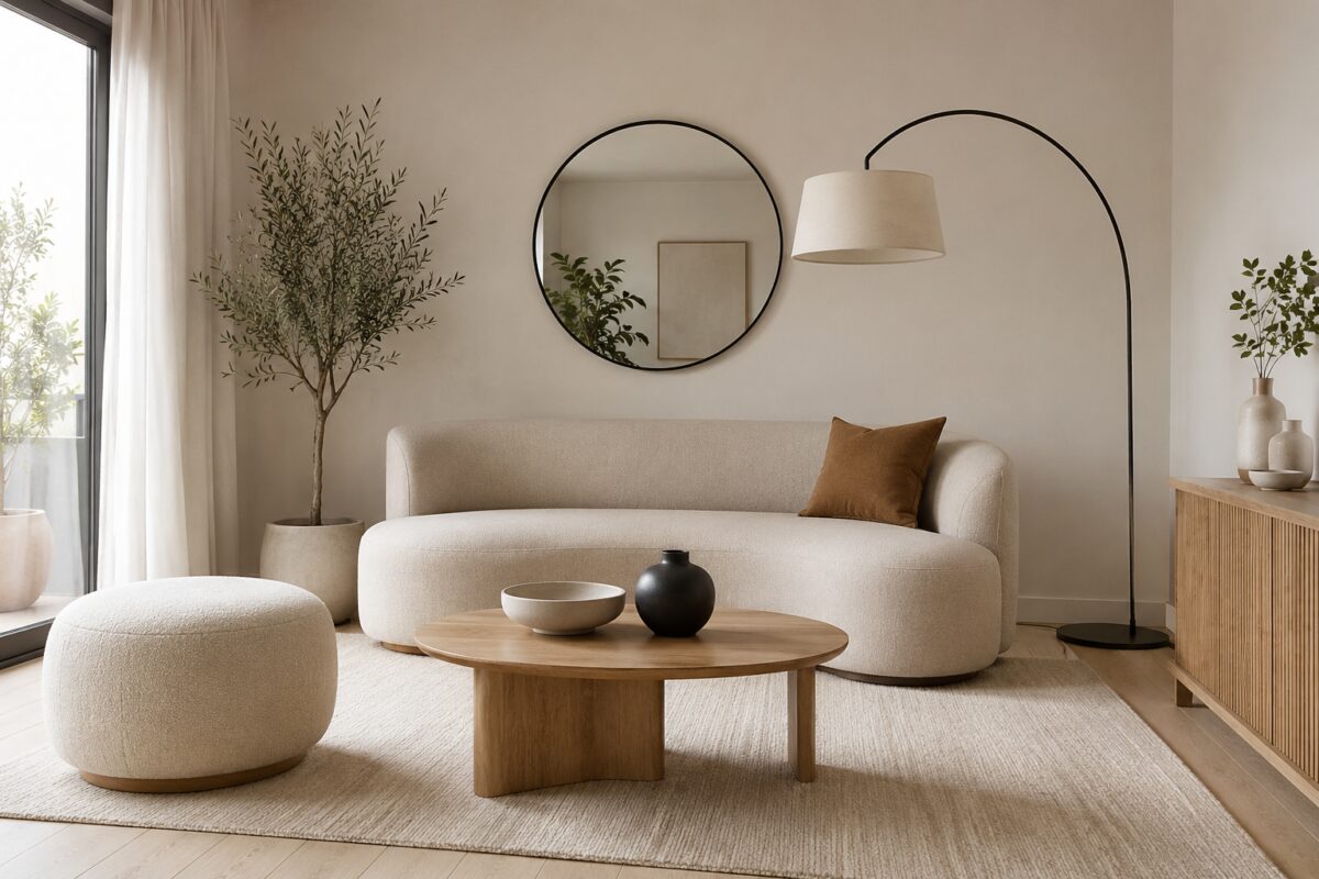 Soggiorno piccolo con specchio rotondo, lampada ad arco e pouf arrotondato
