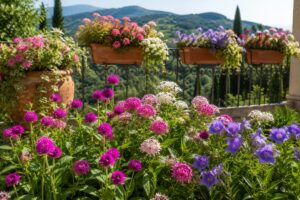 Gomphrena pentas e platycodon in fiore su balcone soleggiato