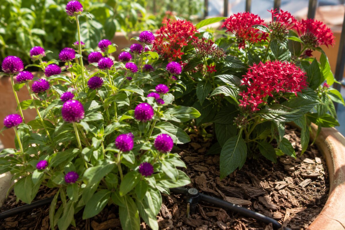Gomphrena e pentas in vaso con pacciamatura e irrigazione ordinata