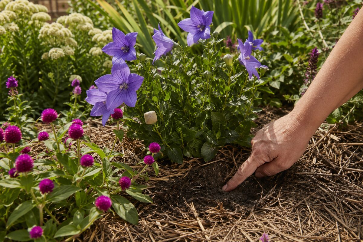 Platycodon e gomphrena in aiuola con controllo dell’umidità del terreno