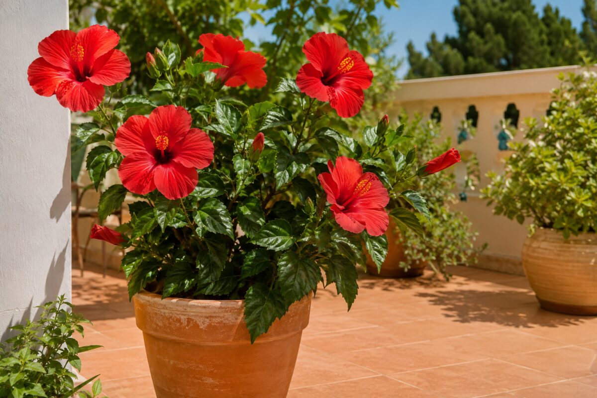 Ibisco in vaso fiorito su terrazzo estivo luminoso