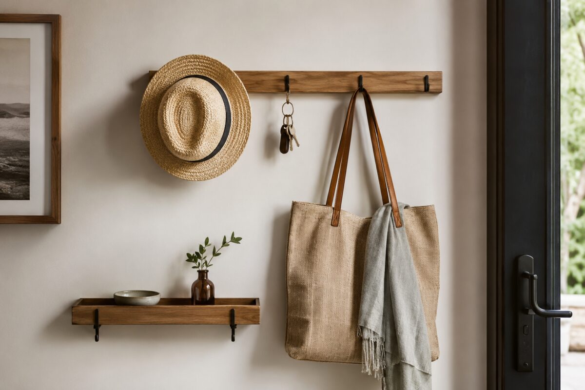 Ganci a parete con cappello borsa chiavi e ripiano svuotatasche