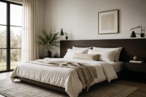Camera da letto luminosa con testiera in legno scuro e biancheria chiara