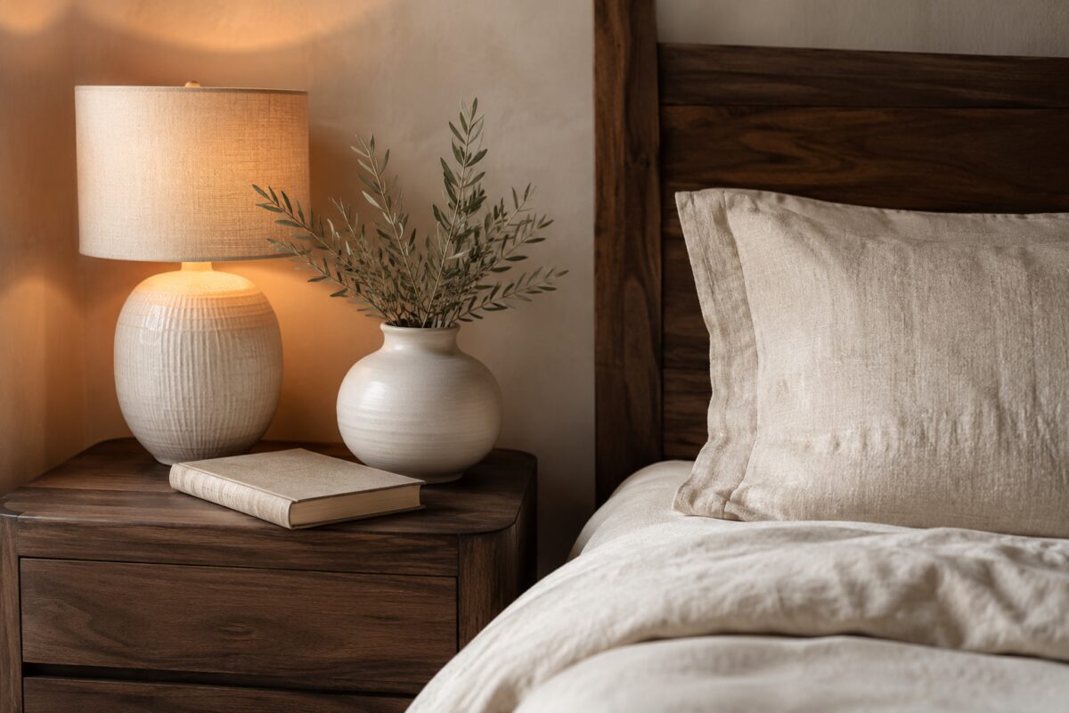 Comodino in legno scuro con lampada chiara e biancheria in lino