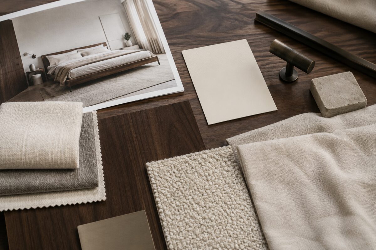 Moodboard con legno noce scuro, lino écru, tappeto chiaro e metallo brunito