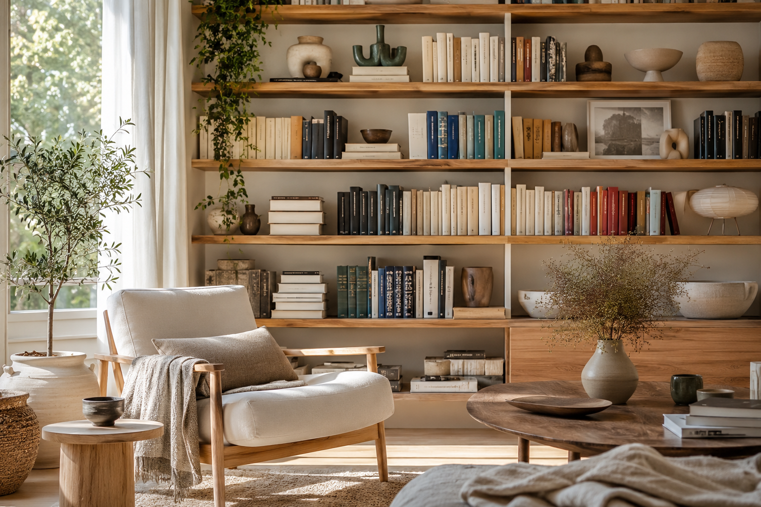 Libreria piena in soggiorno: il trend 2026 che funziona solo se lasci respiro ai ripiani