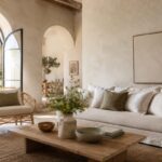 Soggiorno mediterraneo contemporaneo con parete a calce e divano in lino