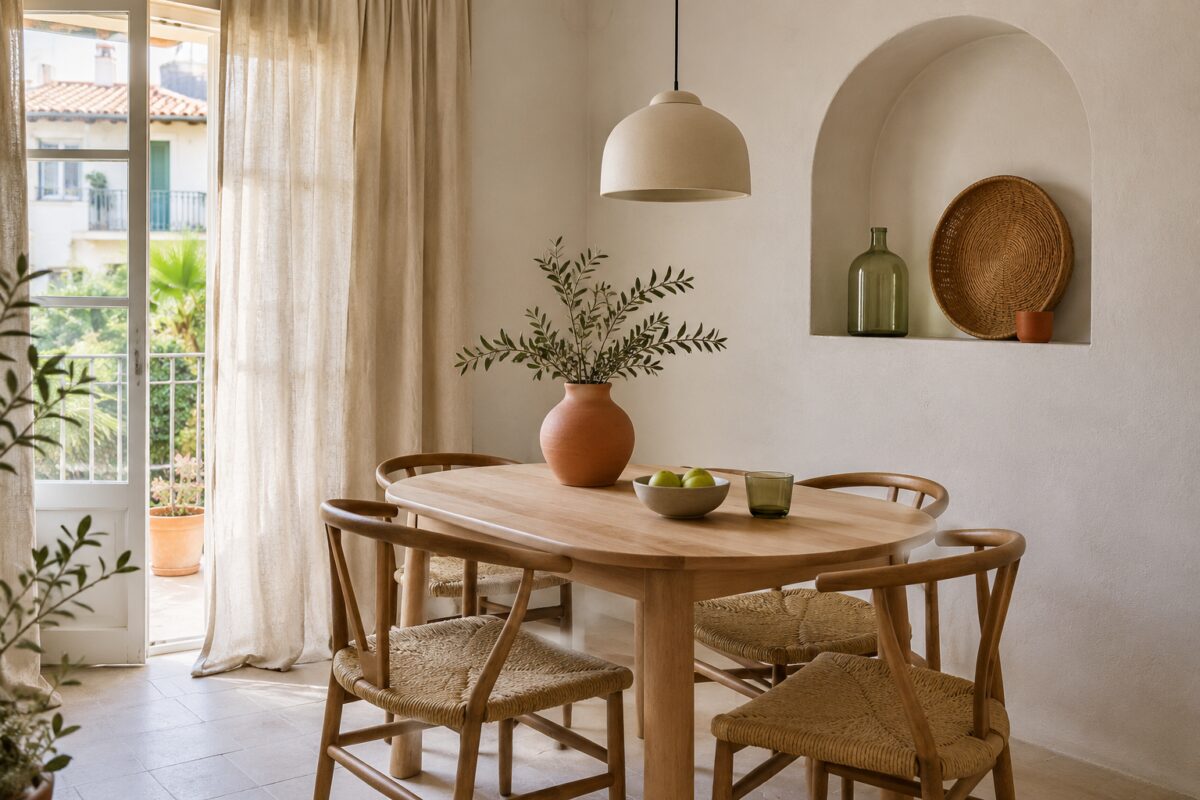 Zona pranzo mediterranea contemporanea con ceramica fibre naturali e tenda in lino
