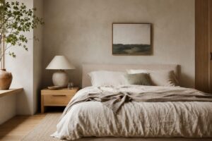 Camera da letto in minimalismo caldo con lino rovere e parete a calce