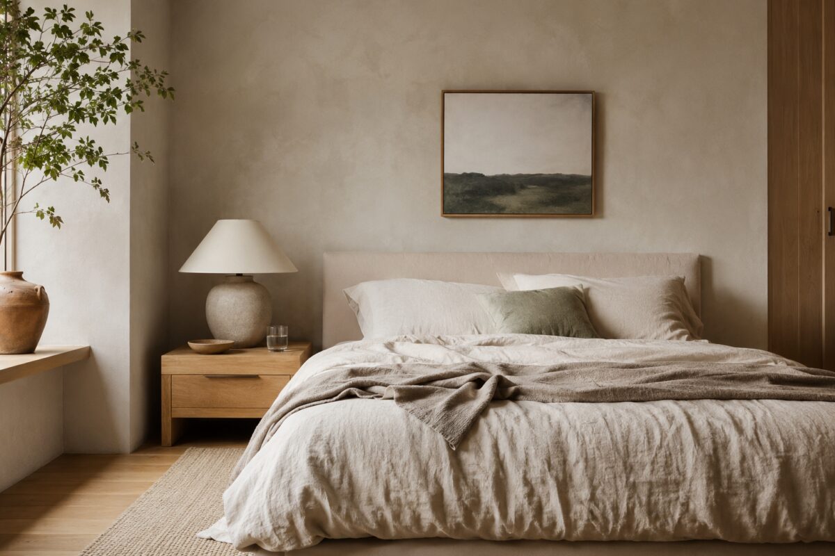Camera da letto in minimalismo caldo con lino rovere e parete a calce