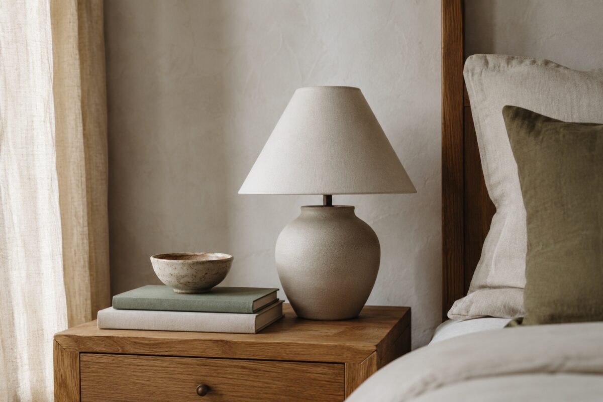 Comodino in rovere con lampada in ceramica e tessuti naturali
