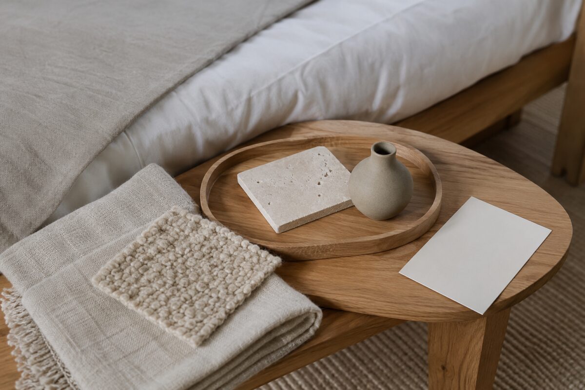 Palette materica con lino lana rovere travertino e ceramica per camera essenziale