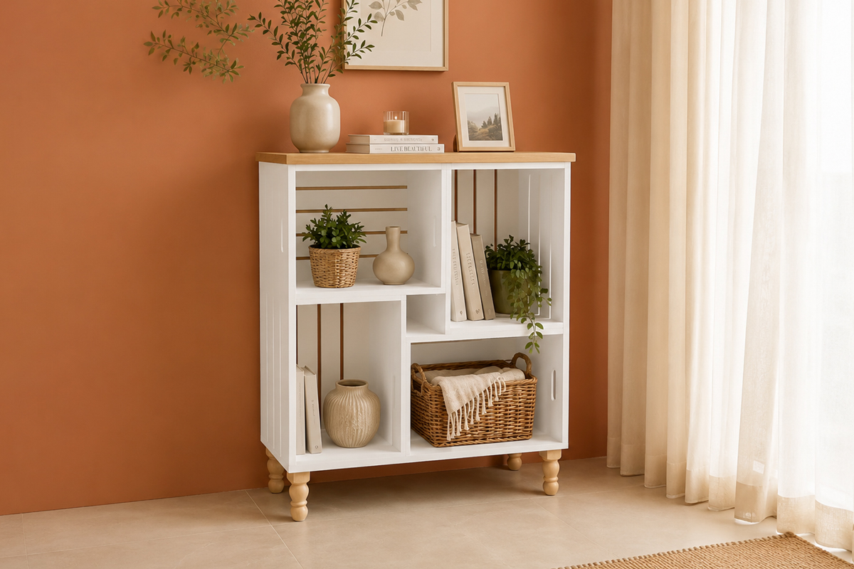 Mobile bianco e rovere realizzato con cassette di legno in un soggiorno luminoso