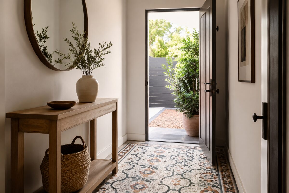 Ingresso contemporaneo con pavimento a mosaico decorativo e console in legno