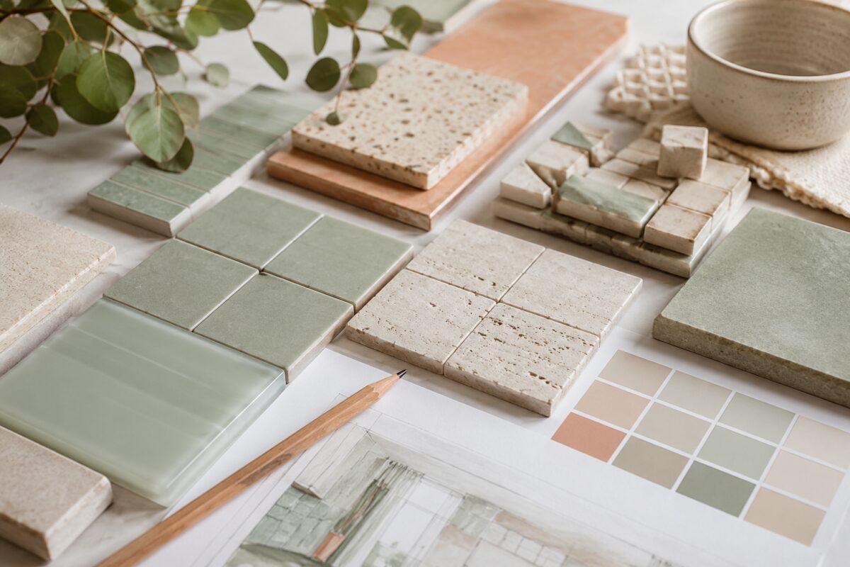 Campioni di tessere per mosaico in ceramica e pietra su tavolo da progetto