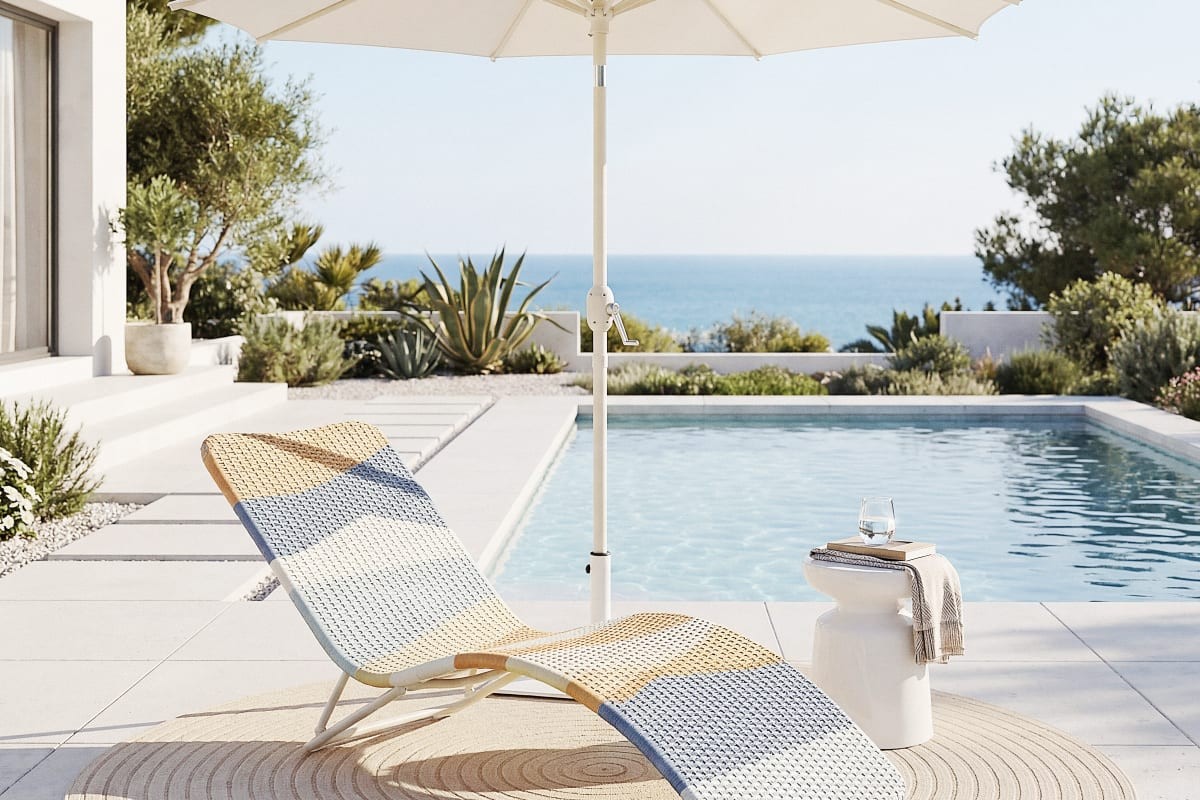 Ombrellone SELAYA color argilla in un ambiente outdoor luminoso