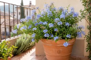 Plumbago in vaso con fiori azzurri su un terrazzo luminoso di fine luglio
