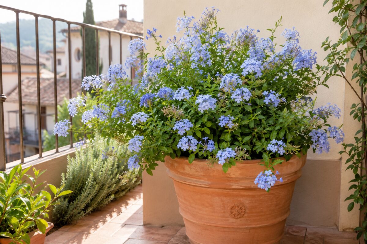 Plumbago in vaso con fiori azzurri su un terrazzo luminoso di fine luglio