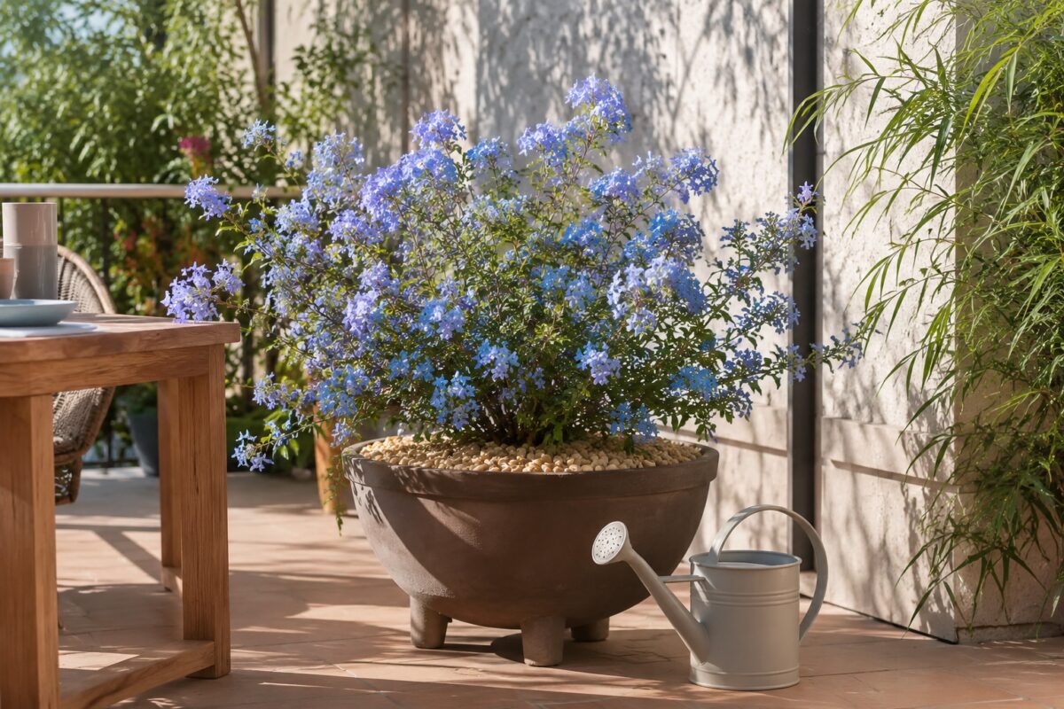 Plumbago in vaso rialzato con pacciamatura chiara e annaffiatoio vicino