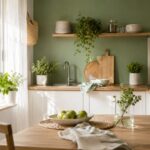 Cucina luminosa con parete verde salvia e mobili bianchi