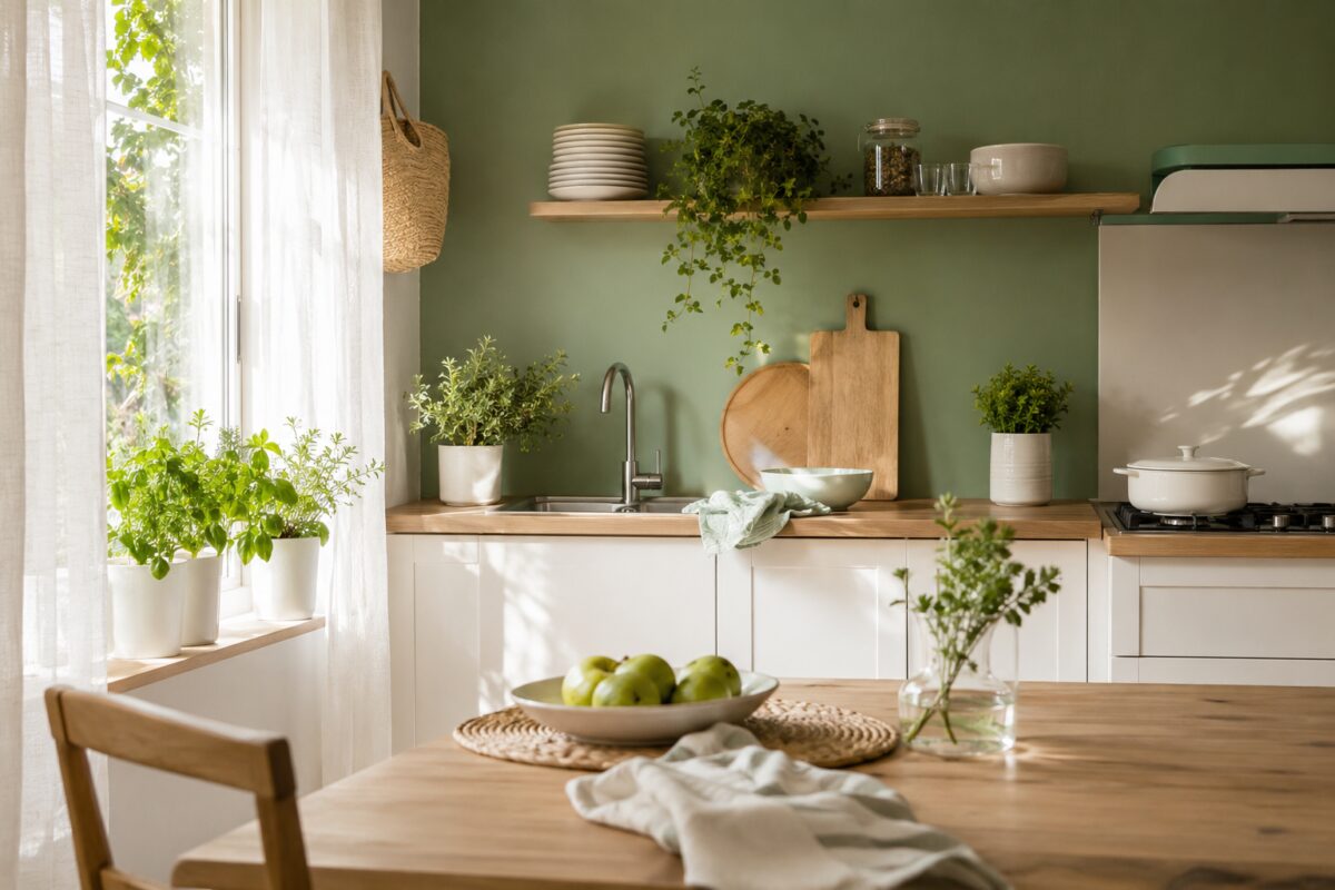 Cucina luminosa con parete verde salvia e mobili bianchi