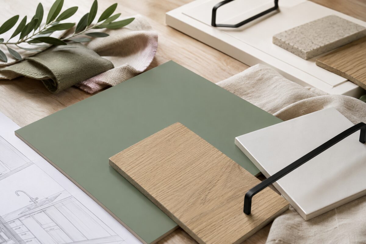 Campioni di verde salvia, legno chiaro, ceramica bianca e lino naturale