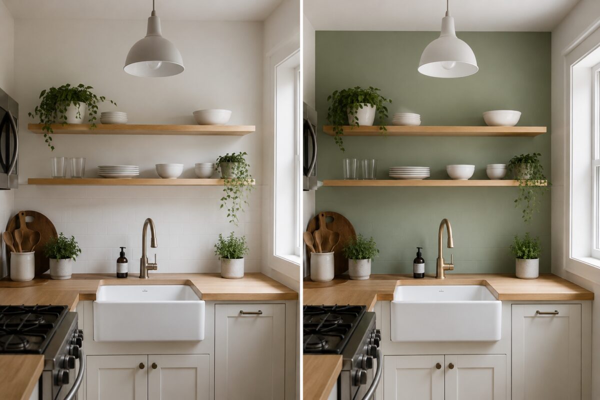 Piccola cucina con fascia verde salvia dietro mensole in legno