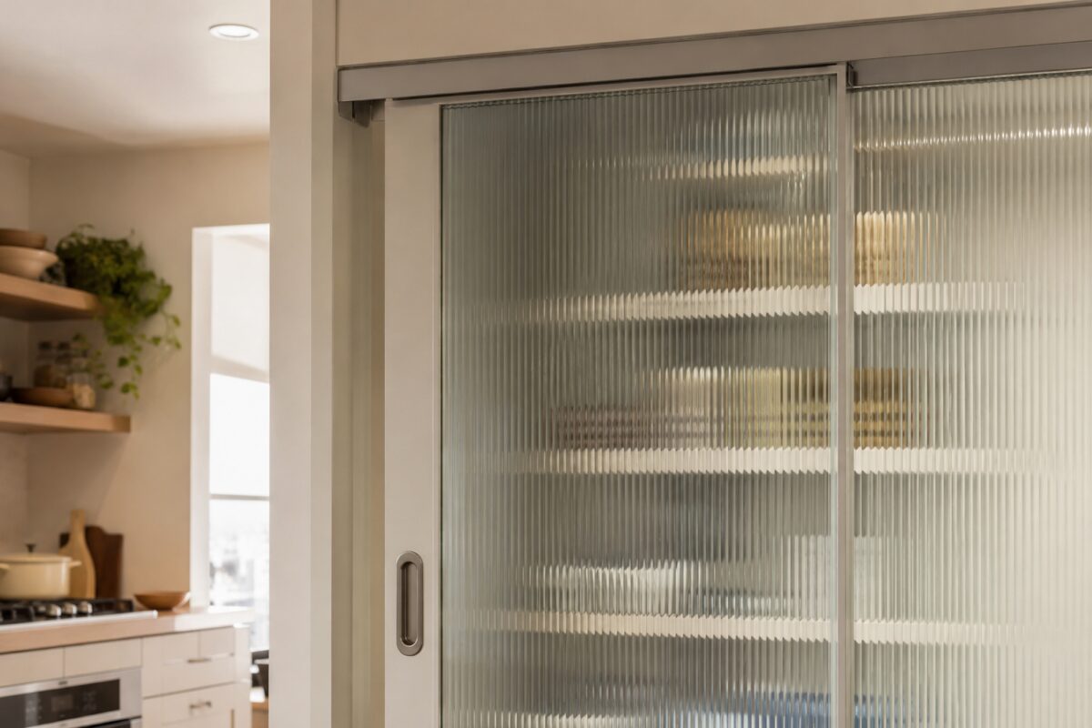 Porta scorrevole in vetro rigato con cucina compatta sullo sfondo