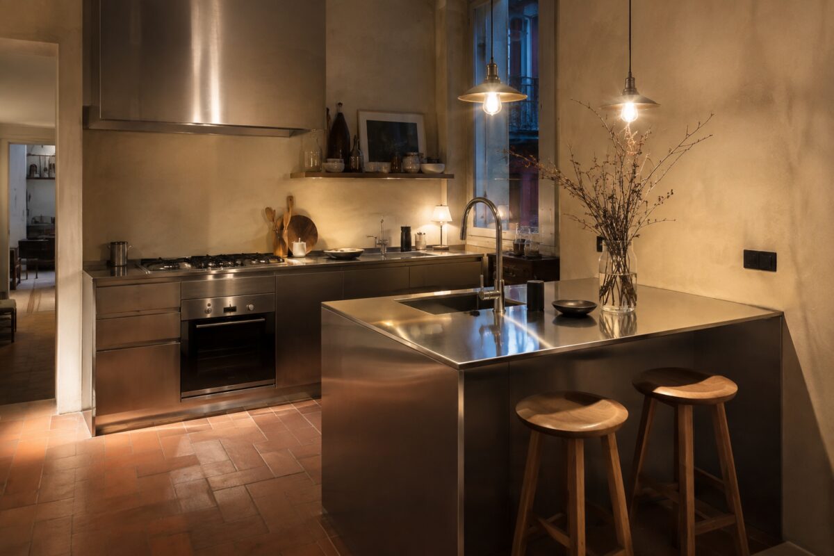 Cucina compatta con acciaio, terracotta e luce calda
