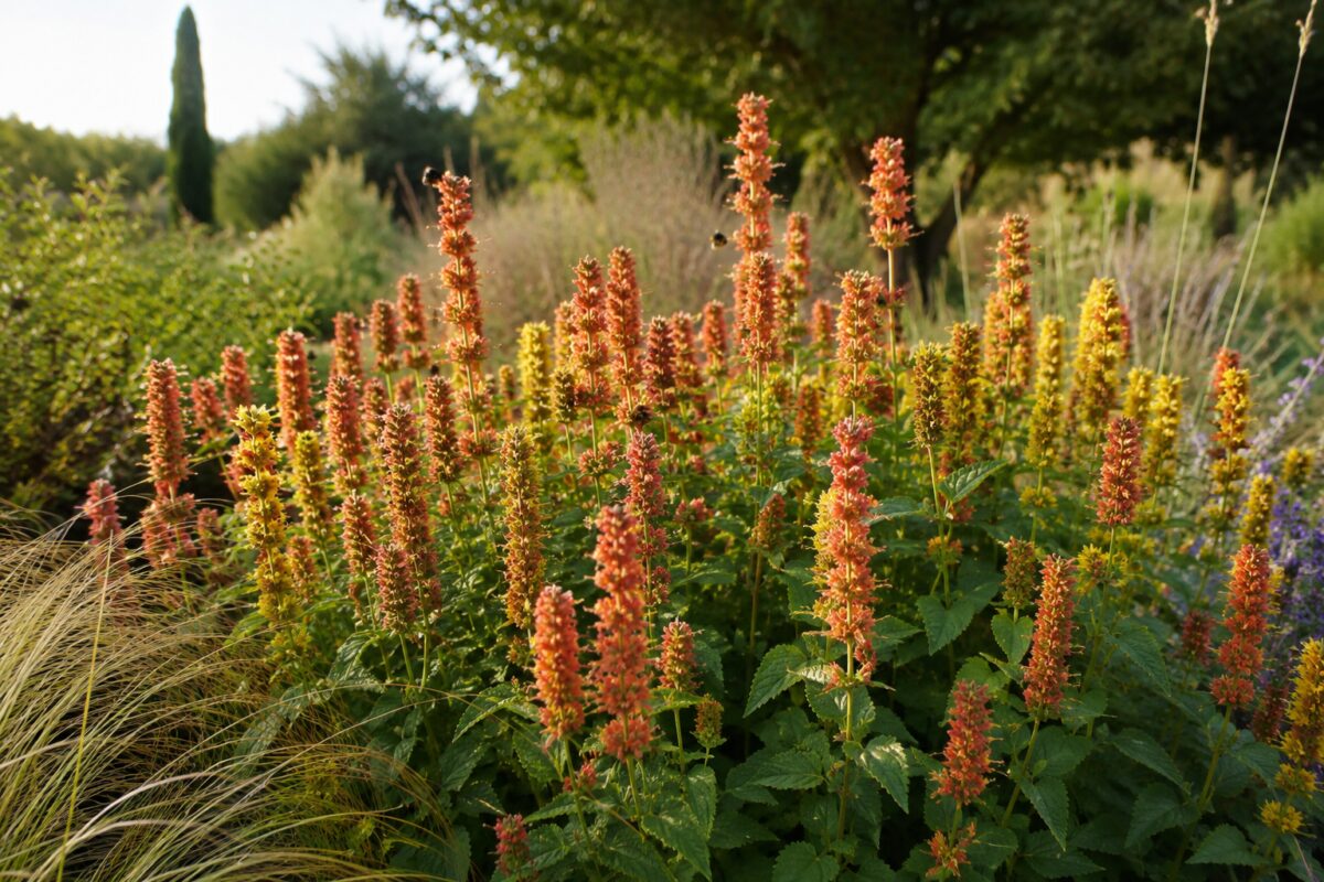 Agastache in fiore con spighe corallo e dorate in un giardino di fine estate