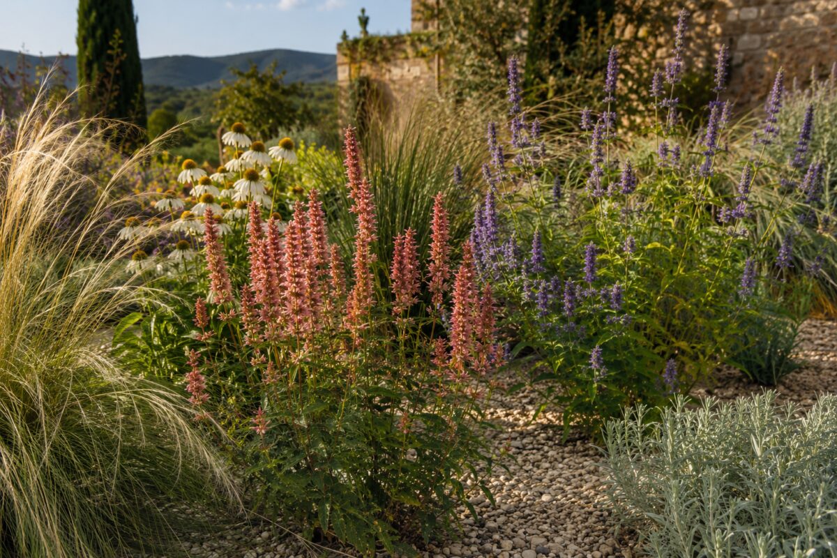 Agastache abbinata a Echinacea e graminacee in una bordura soleggiata