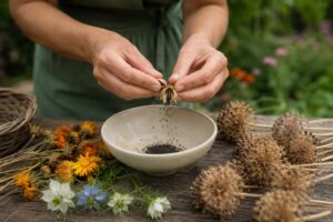 Allium, calendula e nigella: il raccolto di agosto che prepara i fiori del prossimo anno Raccolta manuale dei semi maturi da una capsula secca di nigella