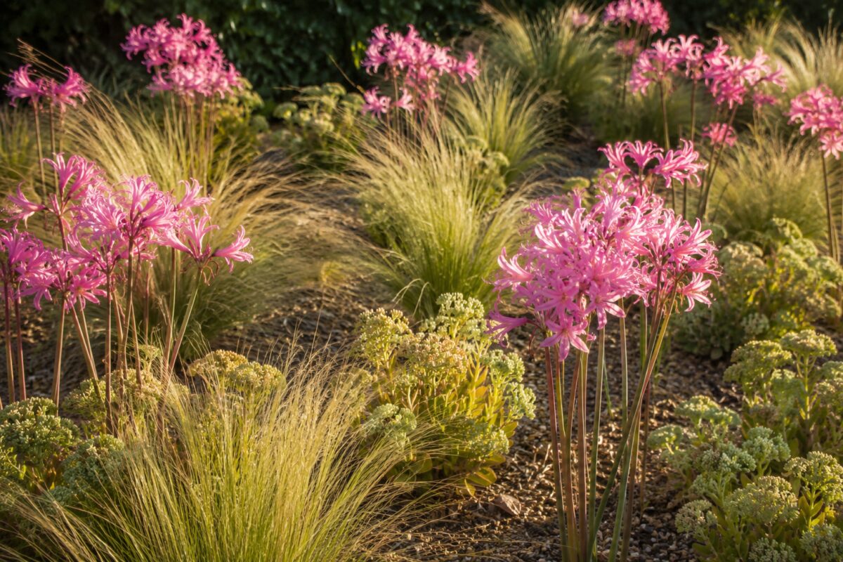Amarine rosa abbinate a graminacee e Sedum in una bordura drenante