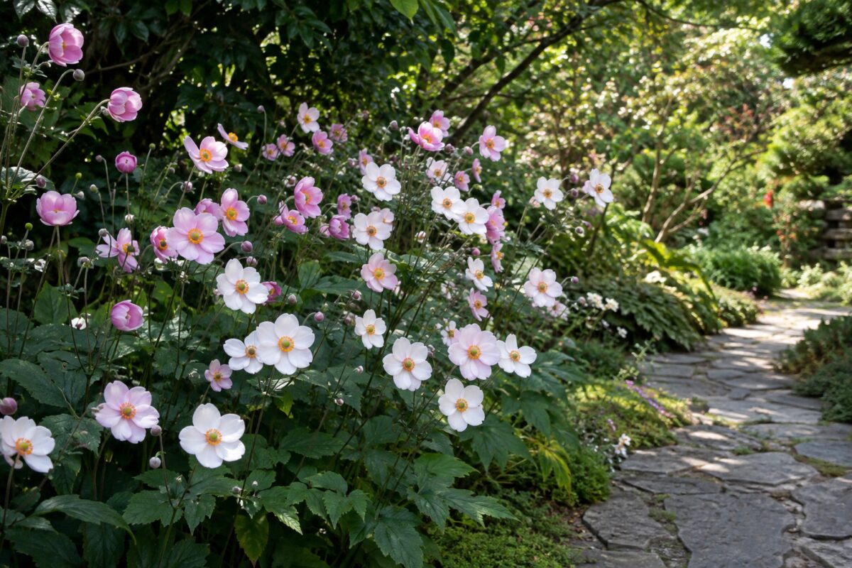 Anemoni giapponesi bianchi e rosa in una bordura luminosa di fine estate