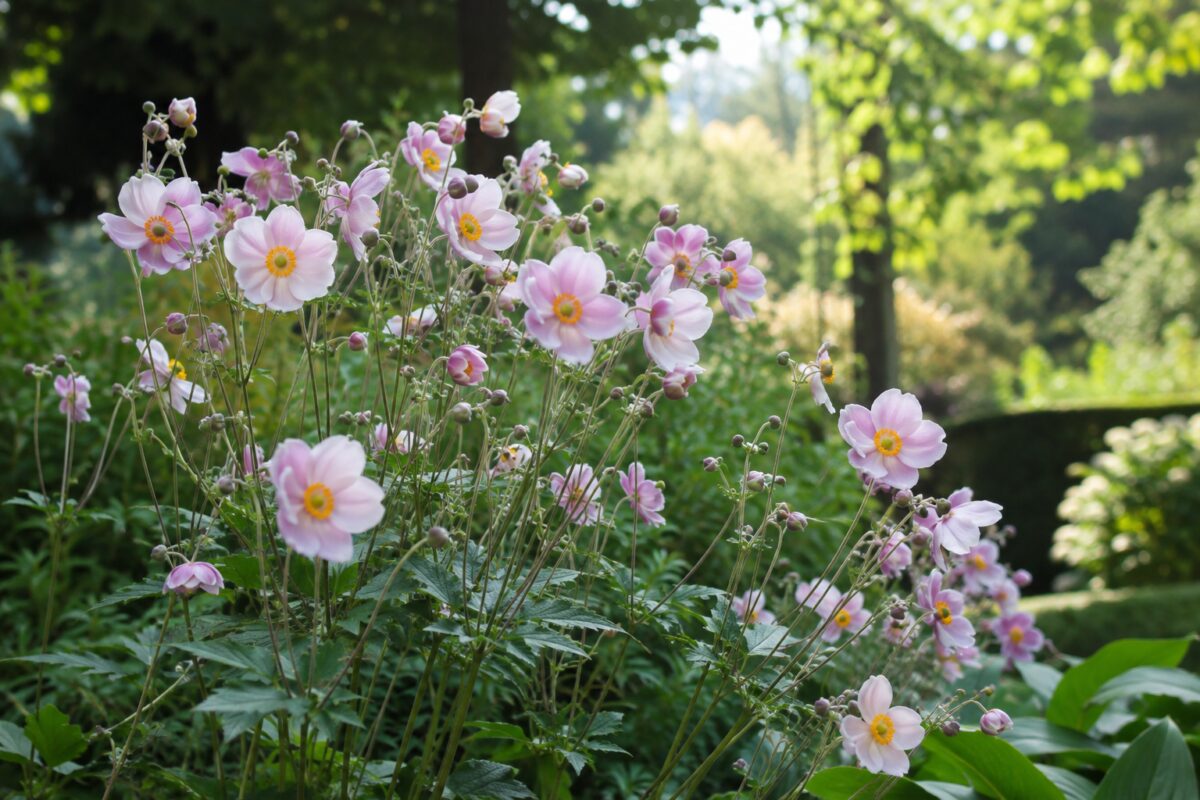 Anemoni giapponesi rosa in una bordura luminosa di mezz’ombra